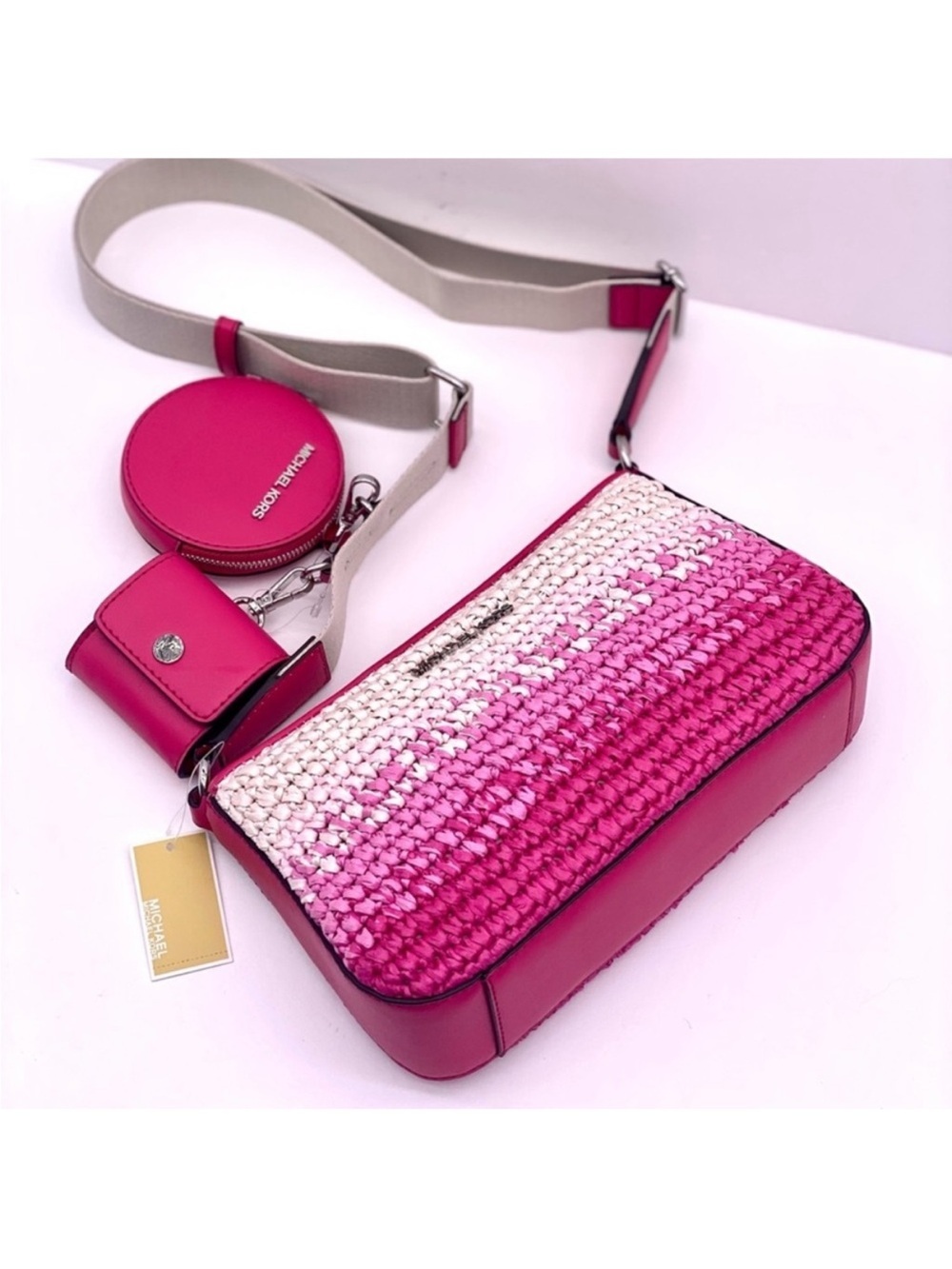 Michael Kors Pink and White Ombre Woven Crossbody with Removable Pouches